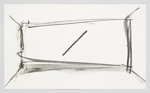 Charcoal sketch of a rough rectangular frame with a single diagonal stroke in the center.