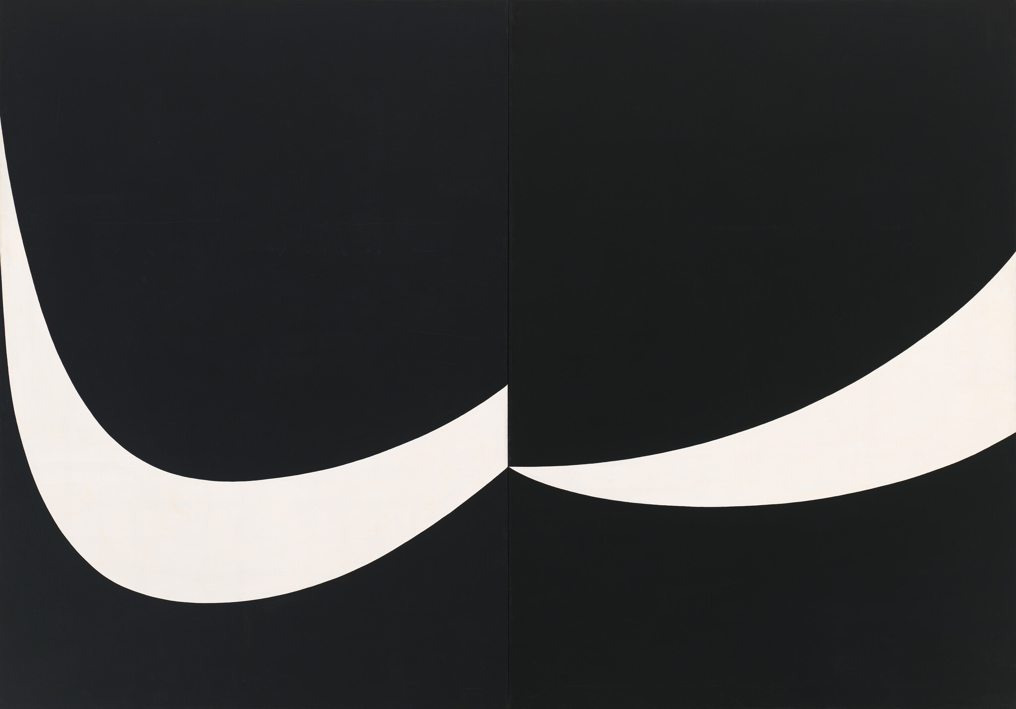 Black background with two large, curved white shapes meeting at the center, creating a symmetrical design.