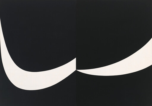Black background with two large, curved white shapes meeting at the center, creating a symmetrical design.