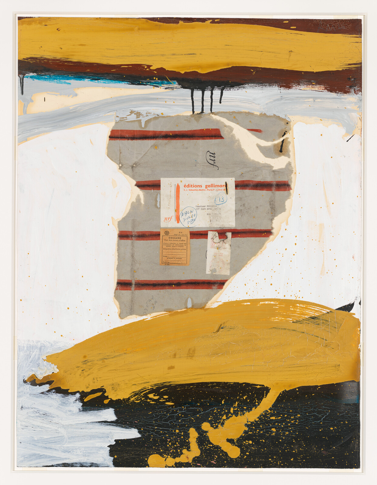 Abstract collage showing torn paper and shipping labels amid bold yellow and black paint.