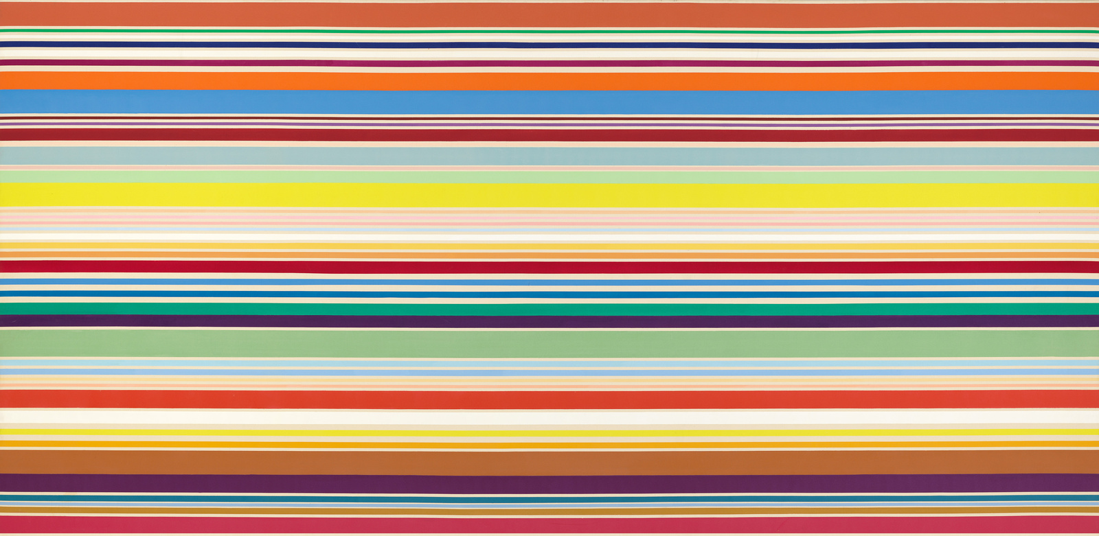 An abstract landscape of sharp horizontal lines of varied weights in shades of orange, yellow, red, green, blue, and white.