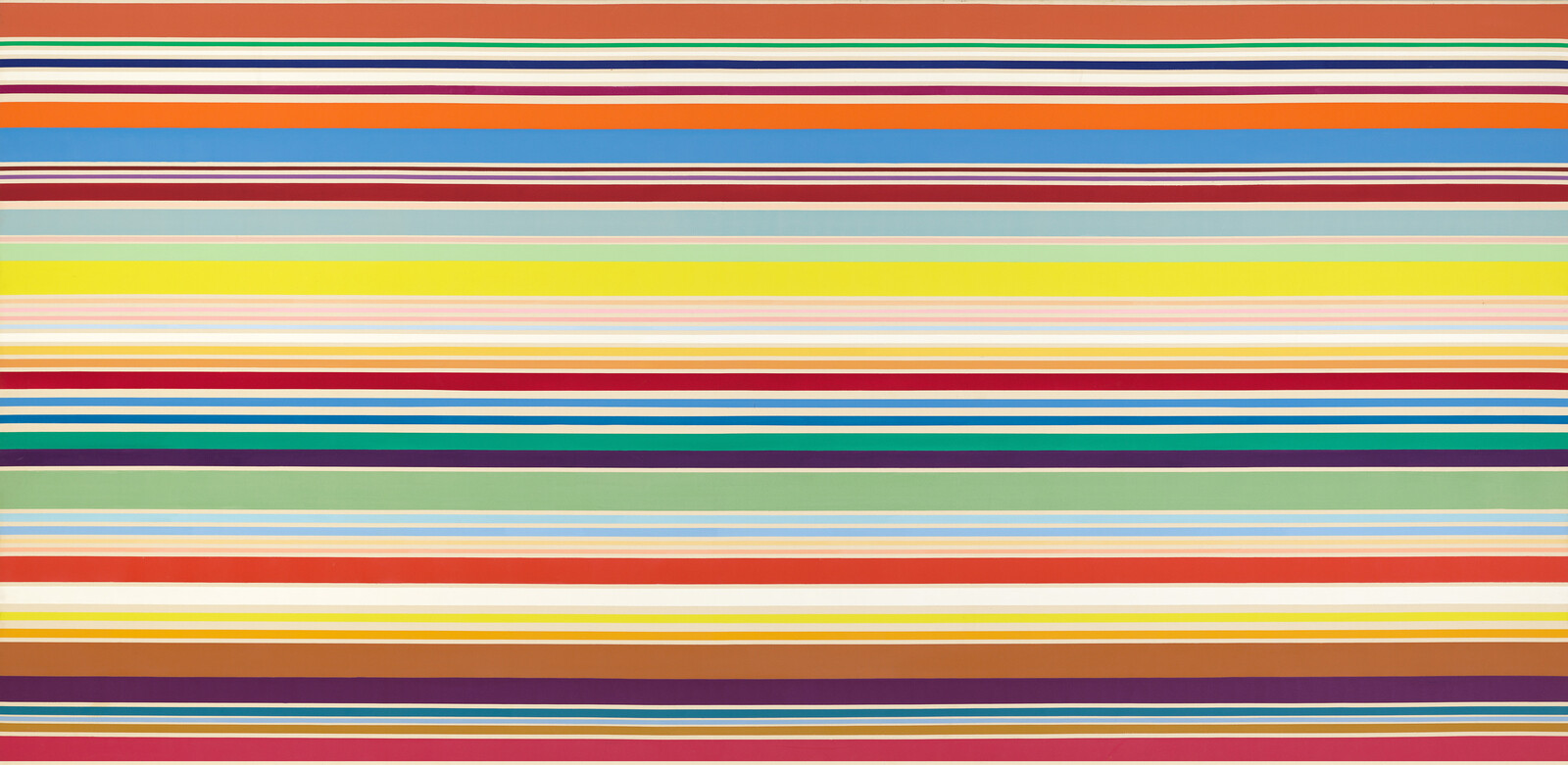 An abstract landscape of sharp horizontal lines of varied weights in shades of orange, yellow, red, green, blue, and white.
