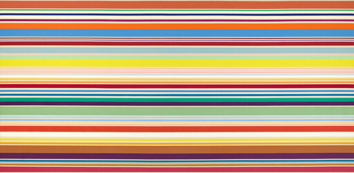 Wide colorful horizontal stripes in many bright tones stretch evenly across the canvas.