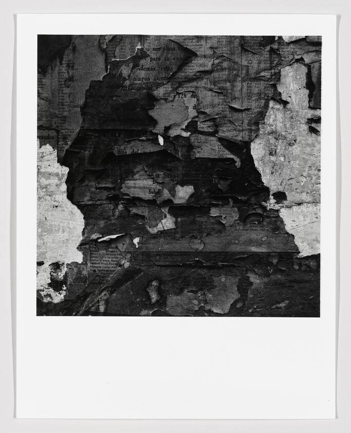 Black-and-white print showing heavily peeling layers of paper and torn posters revealing rough wall texture.