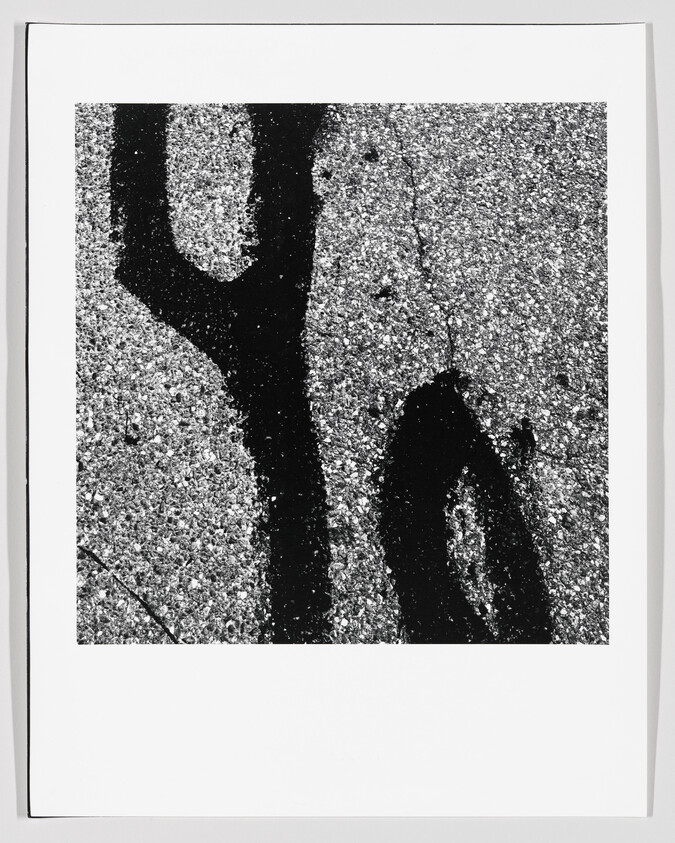 Black painted markings form abstract shapes on rough asphalt inside a white photographic border.