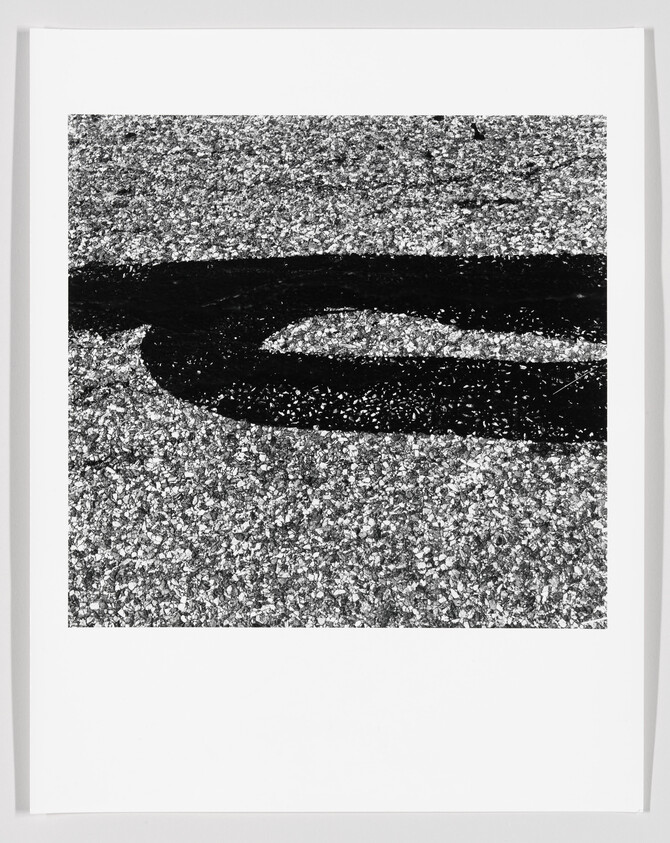 A bold black curved paint line sweeps across rough asphalt framed by white paper.