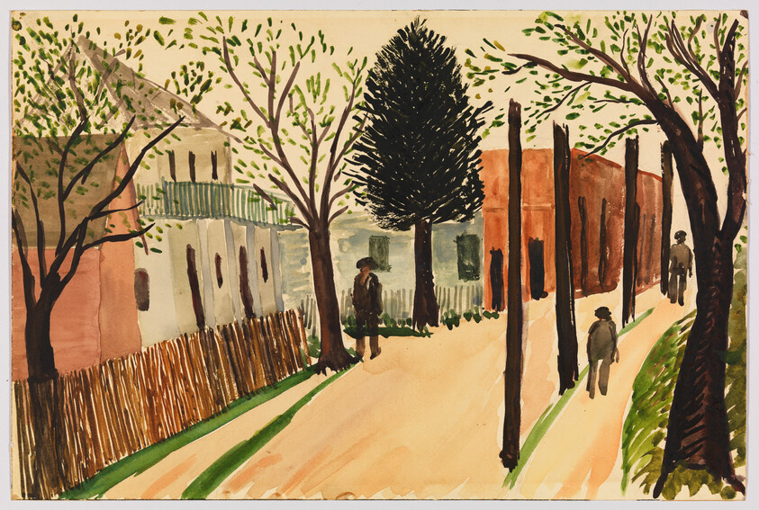 Three people walking along a tree-lined dirt street past houses and wooden utility poles.