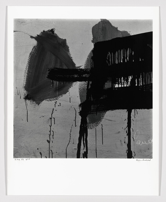 Large abstract painting with bold black brushstrokes and dripping paint across a gray background.