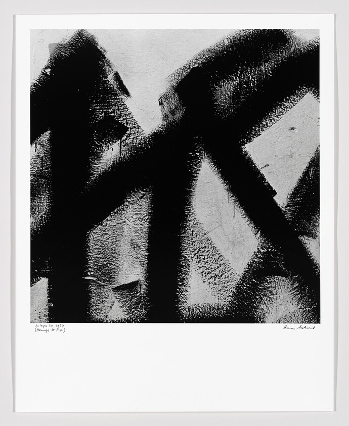 Black and white abstract print with textured brushstrokes and geometric shapes, signed and dated by the artist.