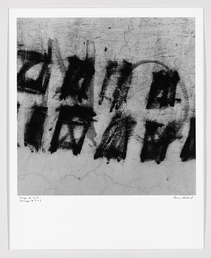 Black spray-painted graffiti letters on a cracked concrete wall photographed with a white border.