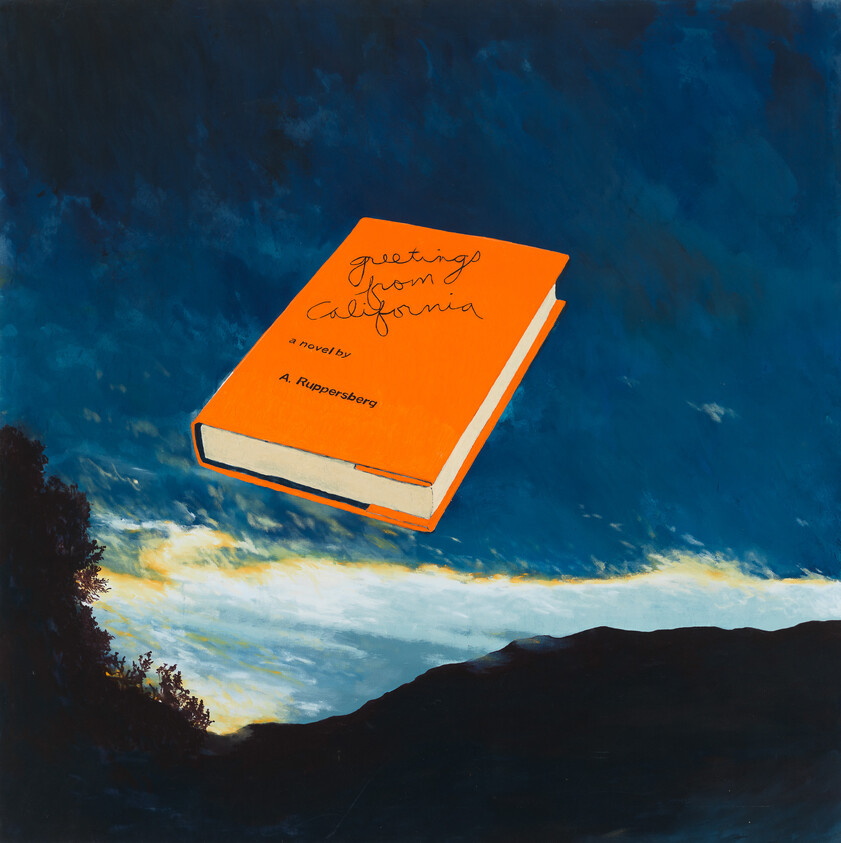 A bright orange book titled "Greetings from California" floats above a dark silhouetted landscape.