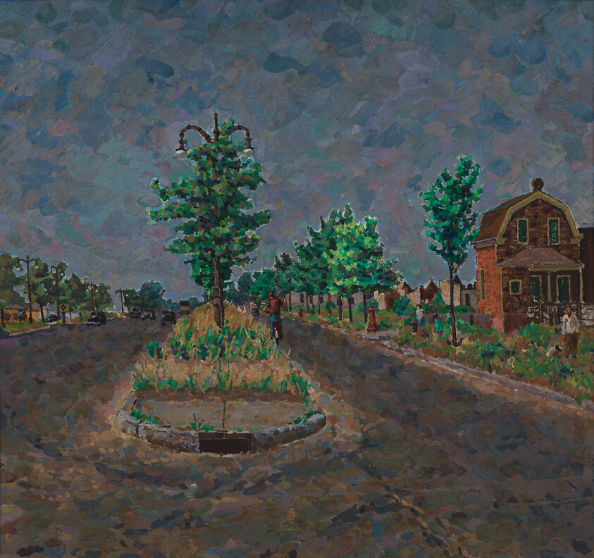 A quiet tree-lined street with a small grassy median and people walking near houses.