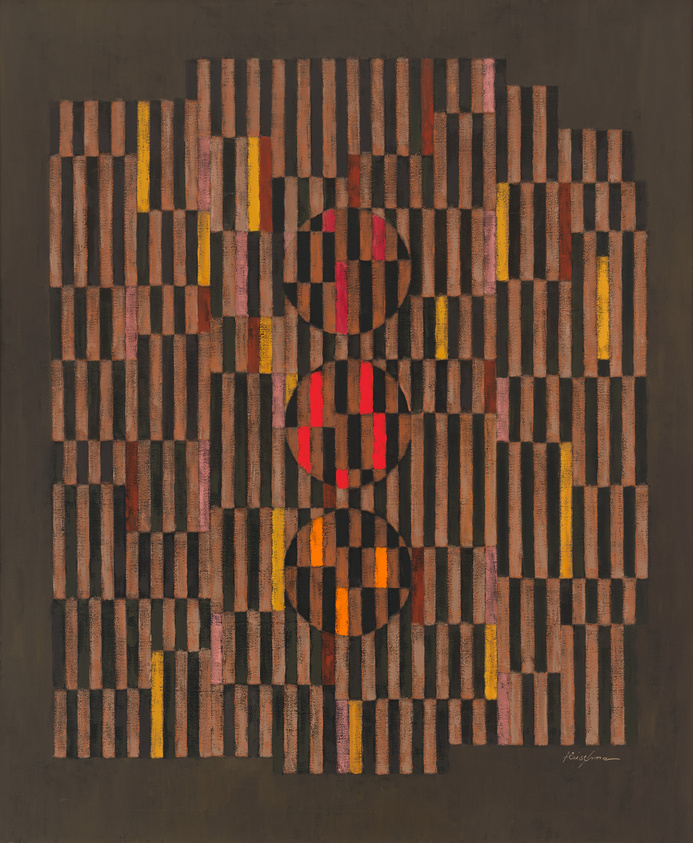 A modern abstract painting featuring a grid of vertical and horizontal lines with a complex interplay of brown, black, yellow, red, and orange hues. Two prominent circles composed of these colors overlap in the center, creating a sense of depth and movement against the structured background. The artist's signature is visible in the lower right corner.