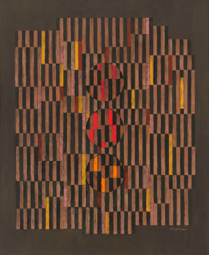 Abstract geometric grid of vertical brown and black stripes with three red and orange circular patterns.