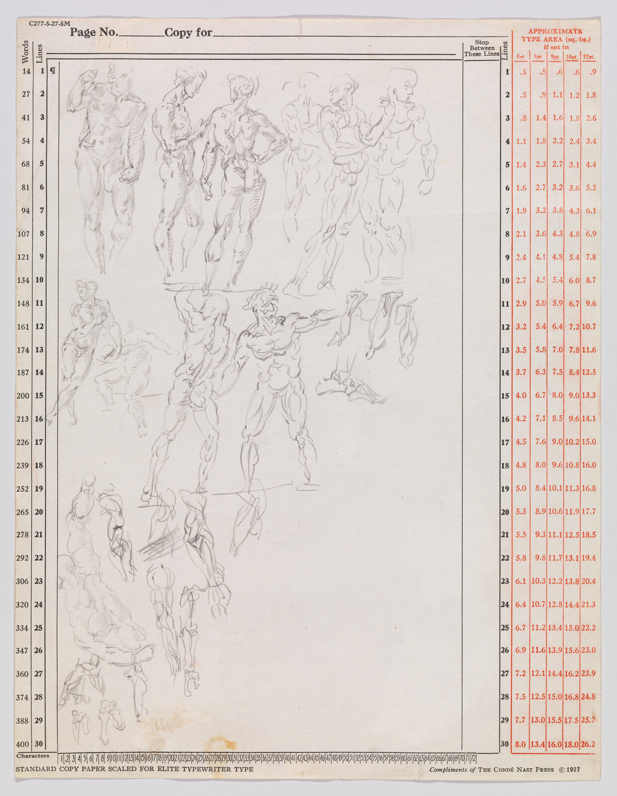 Page of pencil figure studies showing multiple muscular human poses alongside a red numeric type-area chart.