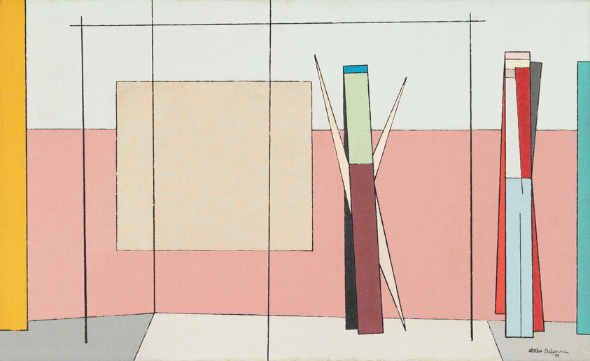 Minimal room with pink half-wall, large beige square artwork, and tall colorful vertical pillars.