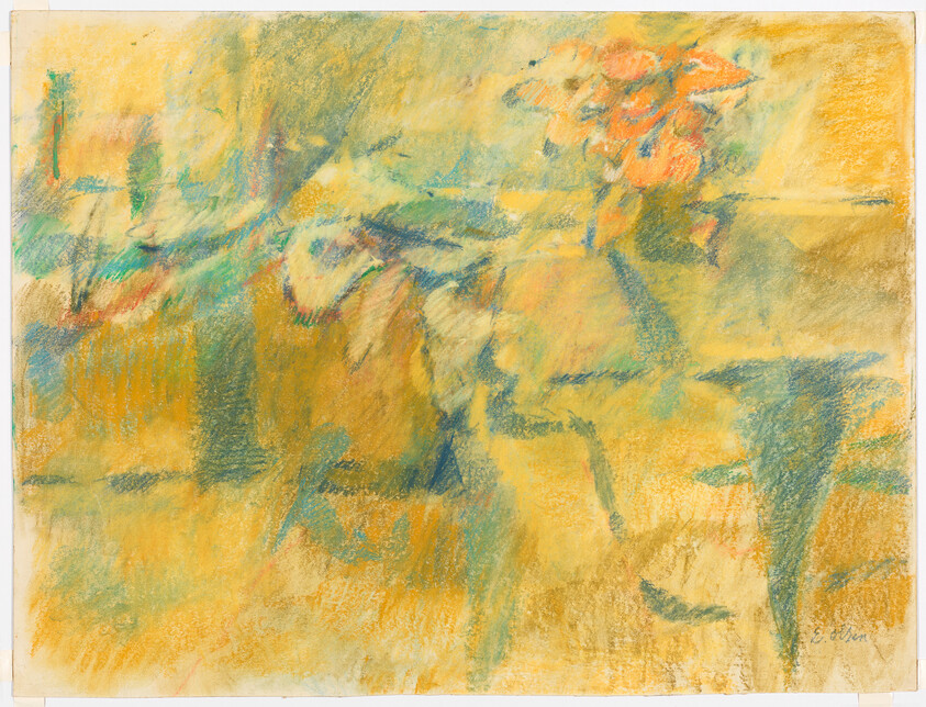 Soft pastel sketch of figures seated at a table with bright orange flowers above.