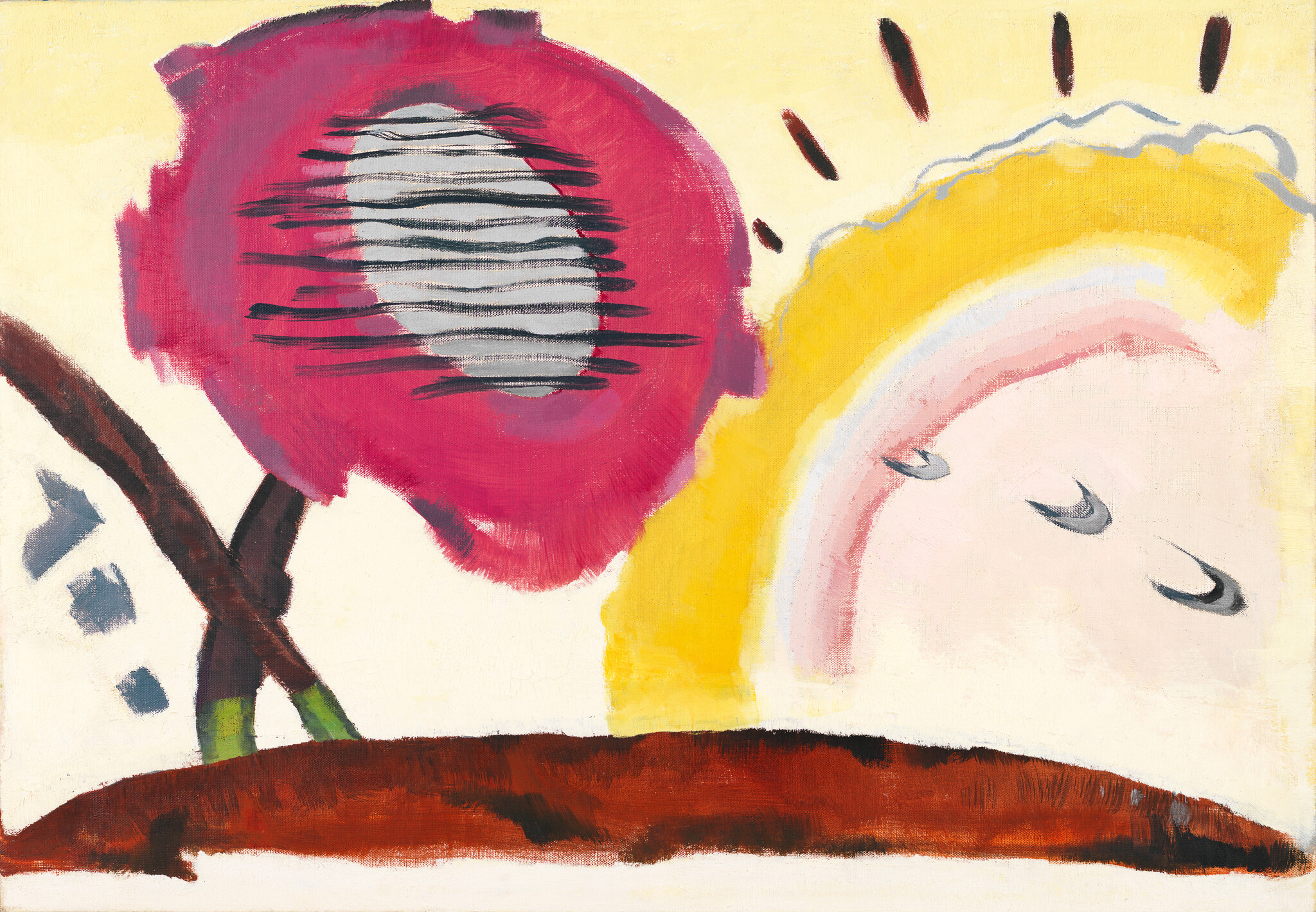 Bold pink flower with striped center leans over brown ground beside a yellow sunlike arc.