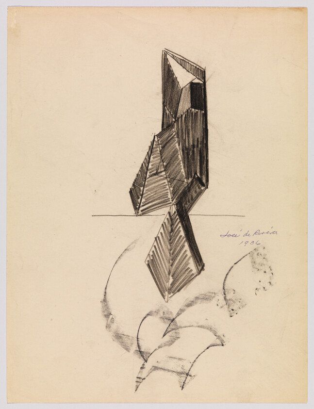 Tall angular geometric sketch rises above a horizontal line with curved charcoal marks below.