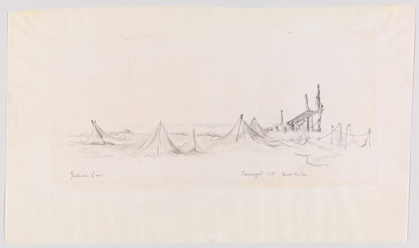 Pencil sketch of fishing nets stretched across shallow water toward a small wooden pier.