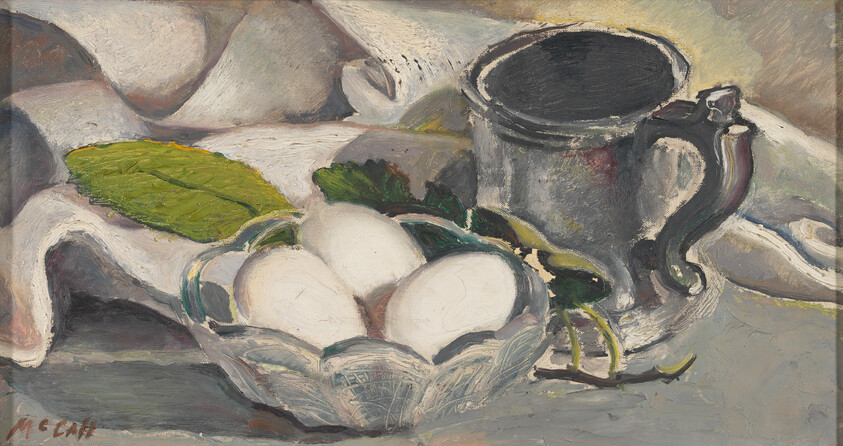A still life showing three white eggs in a glass bowl with green leaves beside a pewter mug.