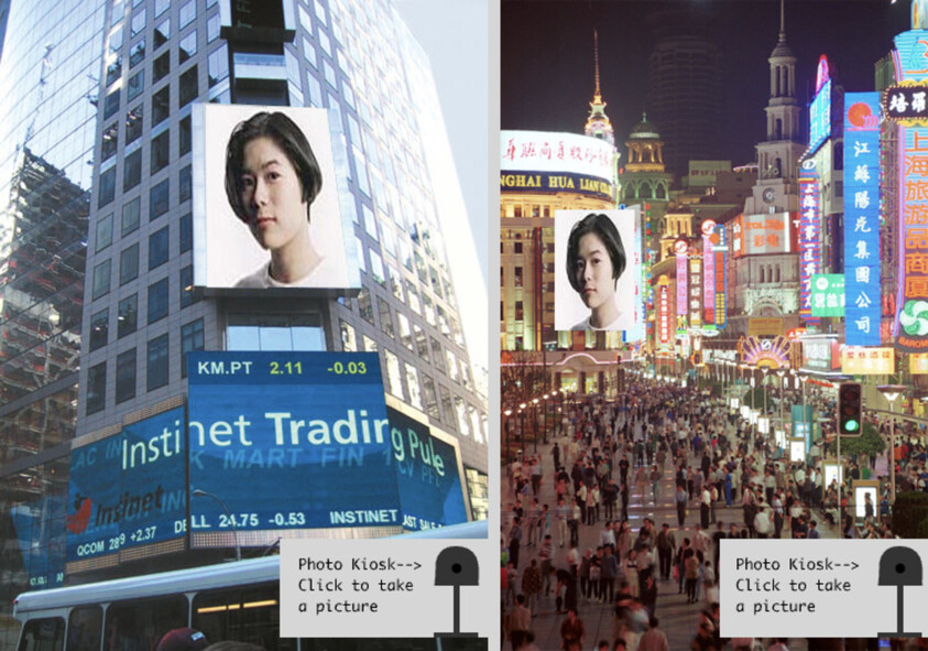 Two images show a person's portrait on large screens in a cityscape. The left is a modern building, the right is a busy street at night.