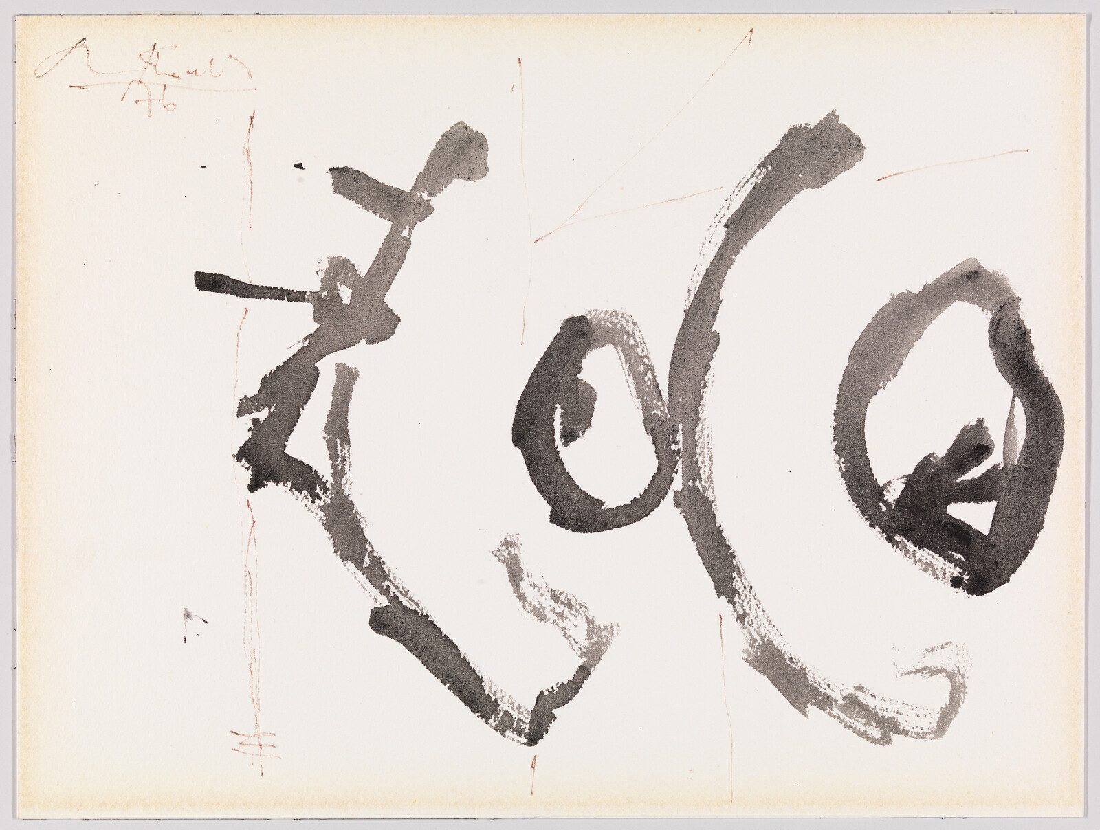 Large black ink swirls and bold brushstrokes cross a white sheet with faint pencil marks.