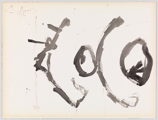 Large black ink swirls and bold brushstrokes cross a white sheet with faint pencil marks.