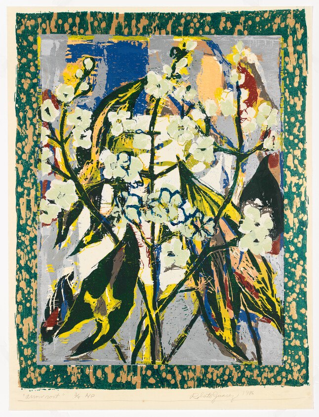 White flowering branches with green leaves against a colorful abstract background and speckled green border.