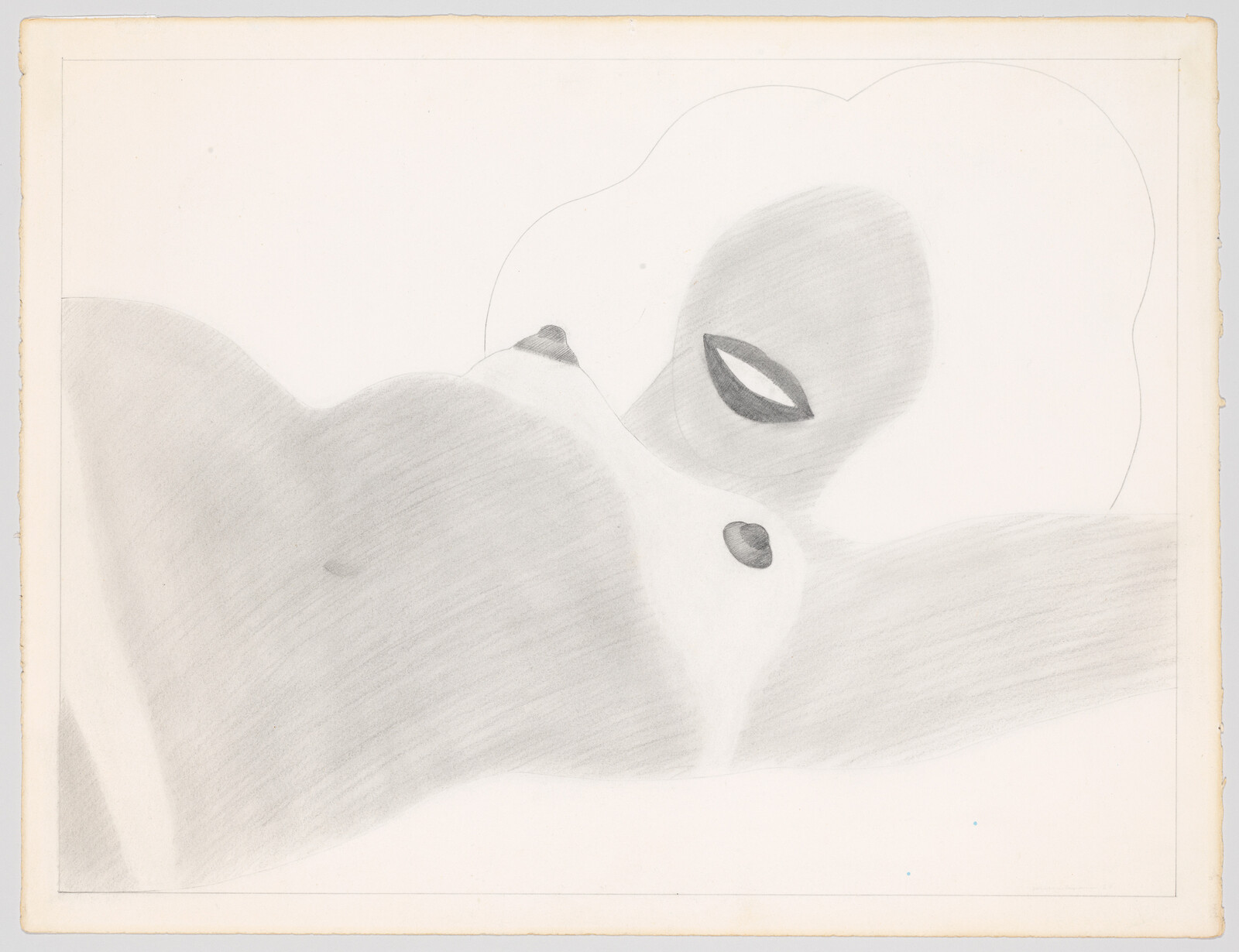 Reclining nude figure with rounded breasts and stylized face drawn in soft pencil.