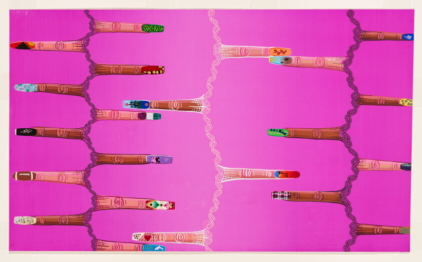 A vibrant artwork featuring a pattern of stylized brown branches with various colorful designs on a bright pink background. The branches are interconnected by a wavy, lace-like line that creates a symmetrical pattern across the image.