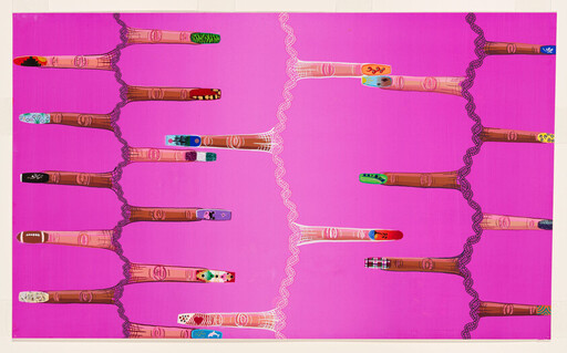 Rows of decorated wooden fingers with painted nails against a bright pink background.