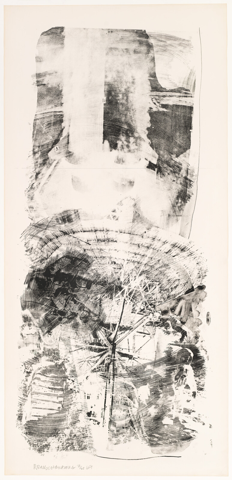 Large vertical black-and-white abstract print showing a faint ferris wheel and sweeping brush marks.