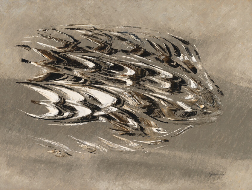 Swirling layered brown and white brushstrokes form a dynamic abstract shape suggesting movement across a neutral background.