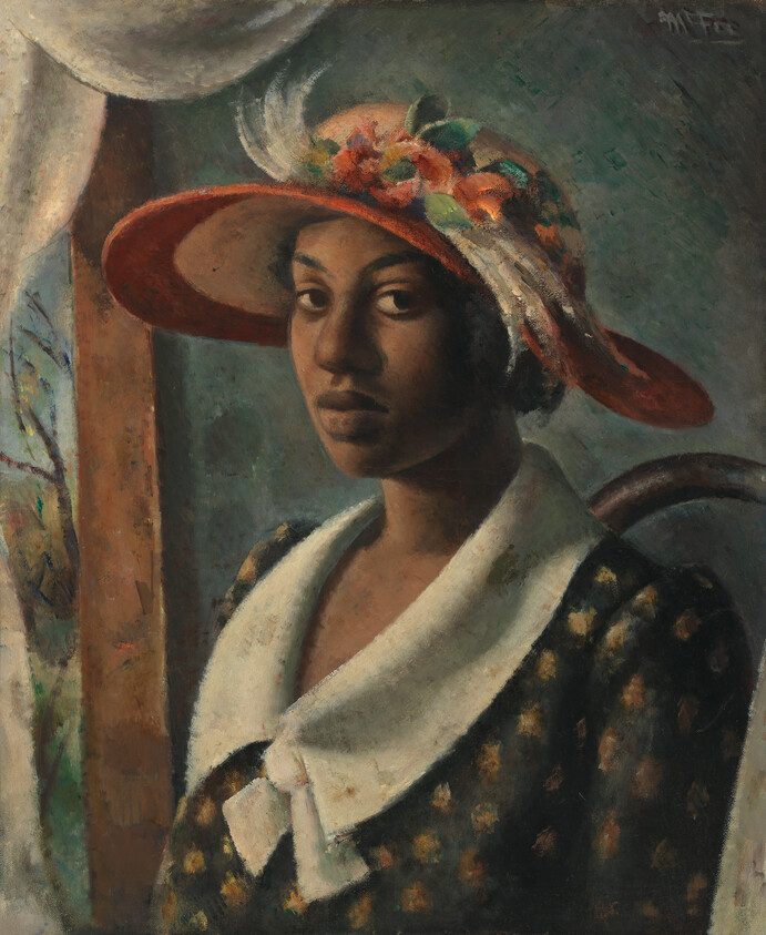 Young woman wearing a floral wide-brimmed hat and patterned dress gazes directly at the viewer.