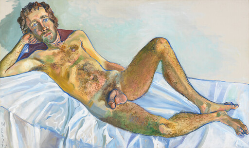 Reclining nude man with beard and chest hair lying on white sheets, looking toward the viewer.