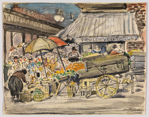 Crowded outdoor market with vendors selling flowers from a wooden cart under colorful umbrellas.