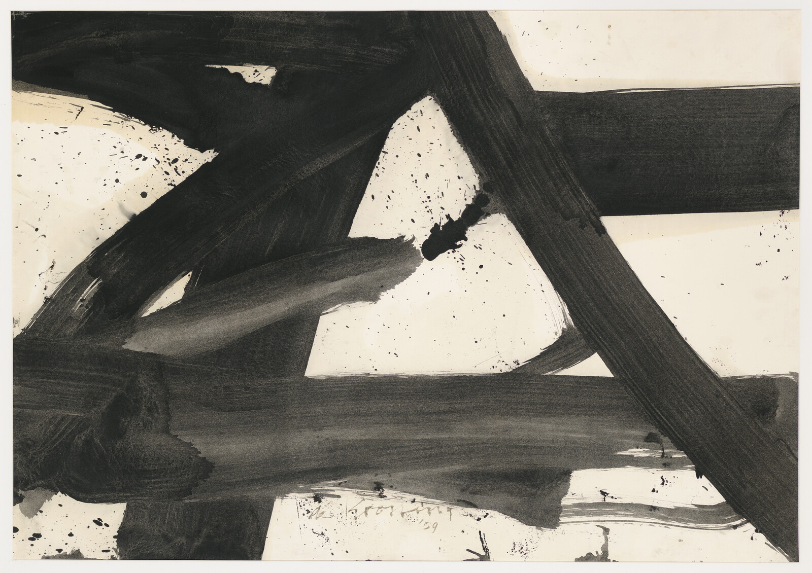 Thick black brushstrokes cross over a white background with scattered black ink splatters.