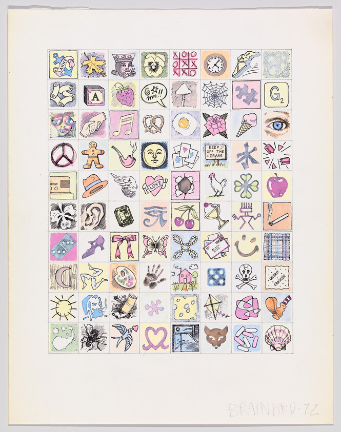 Grid of small colorful hand-drawn icons and symbols arranged in neat rows and columns.