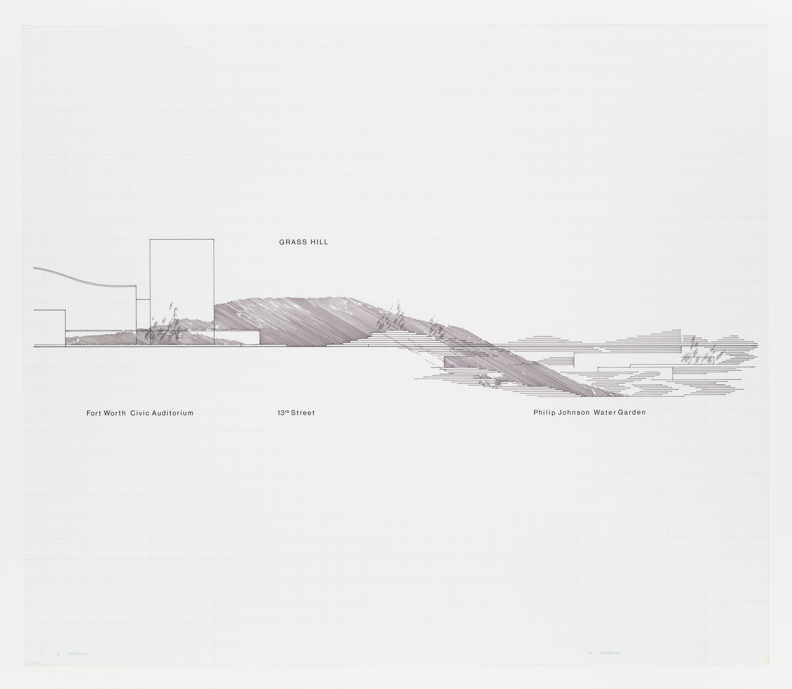 A technical drawing shows a grass hill linking the Fort Worth Civic Auditorium and Philip Johnson Water Garden.