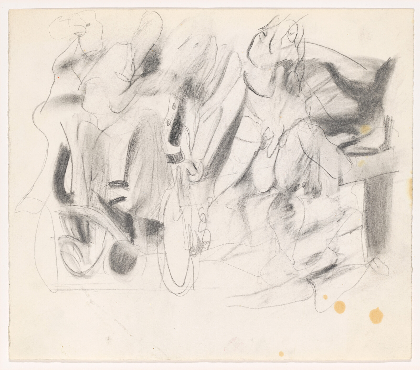 Two loosely sketched seated figures in pencil with flowing, overlapping lines and smudges.