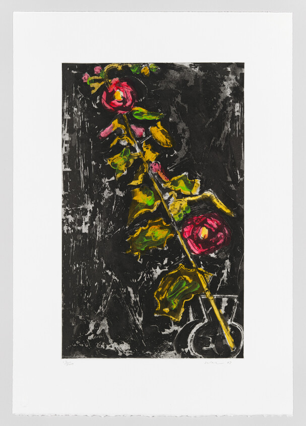 A single diagonal stem with two red roses and green leaves leans over a dark background and vase.