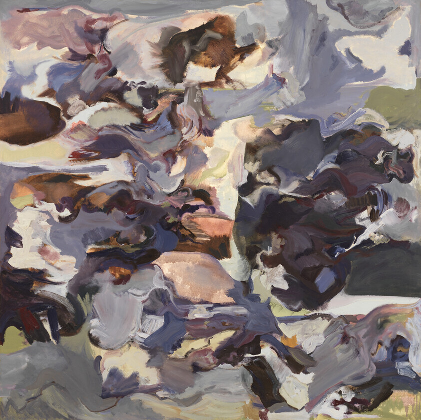 Swirling layered brushstrokes in muted purples, browns, and grays create an abstract, cloud-like composition.