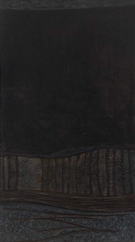 A dark abstract painting with a large black field above textured layered bands and vertical ridges.