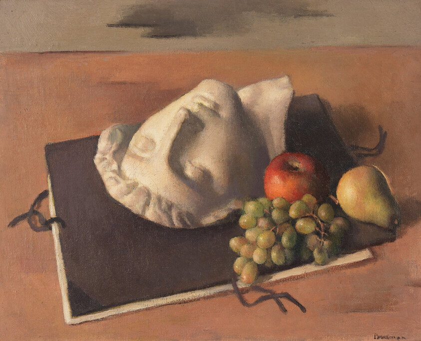 A still life painting featuring a crumpled white chef's hat resting on a dark book with a red apple, a bunch of green grapes, and a yellow pear arranged to its right. The composition is set against a warm, neutral background with a brownish hue. The artist's signature is visible in the lower right corner.