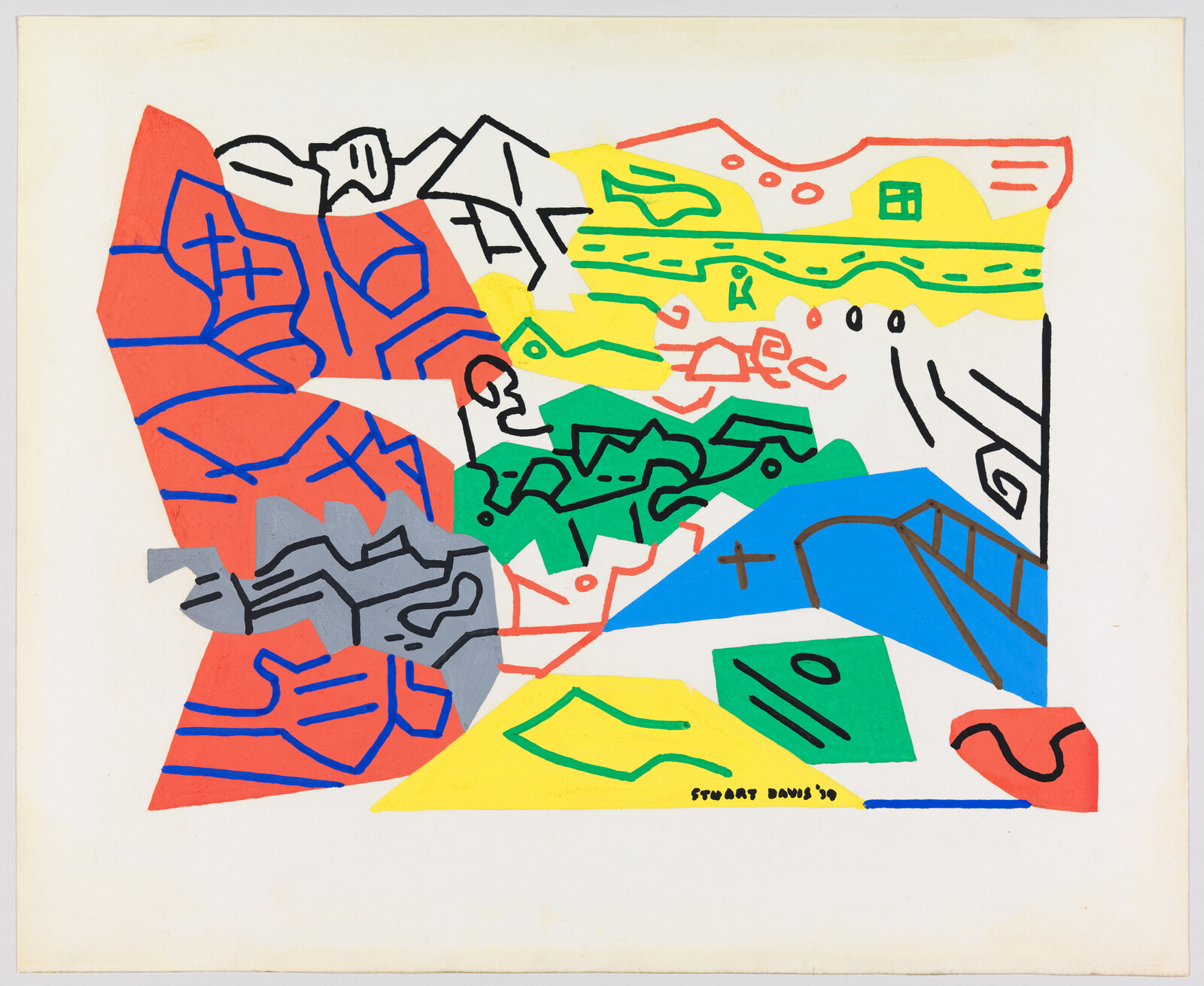 Bright abstract shapes and bold lines form a colorful collage across a white background.