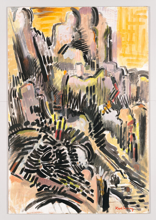 Abstract painting with bold black brushstrokes and warm yellow background suggesting rocky, layered forms.