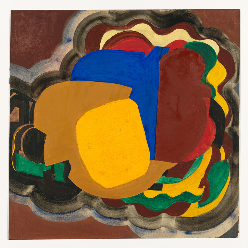 Layered abstract shapes in bold blue, yellow, red, green, and brown overlap against a smoky background.