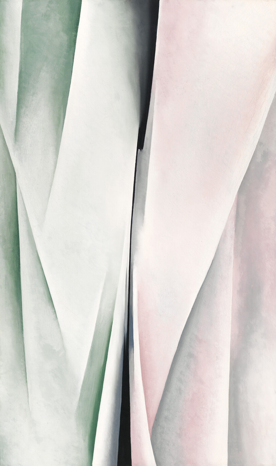 Abstract painting with soft green and pink folds, creating a flowing, layered effect.