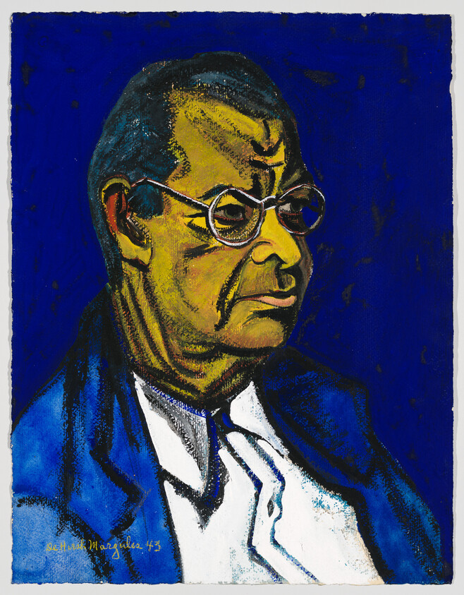 Elderly man in round glasses and suit gazes to the side against a deep blue background.
